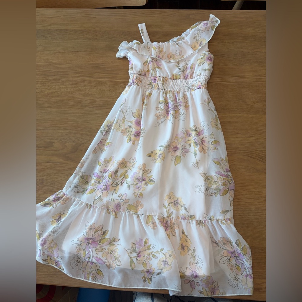 Girls' White Floral One-Shoulder Ruffle Dress